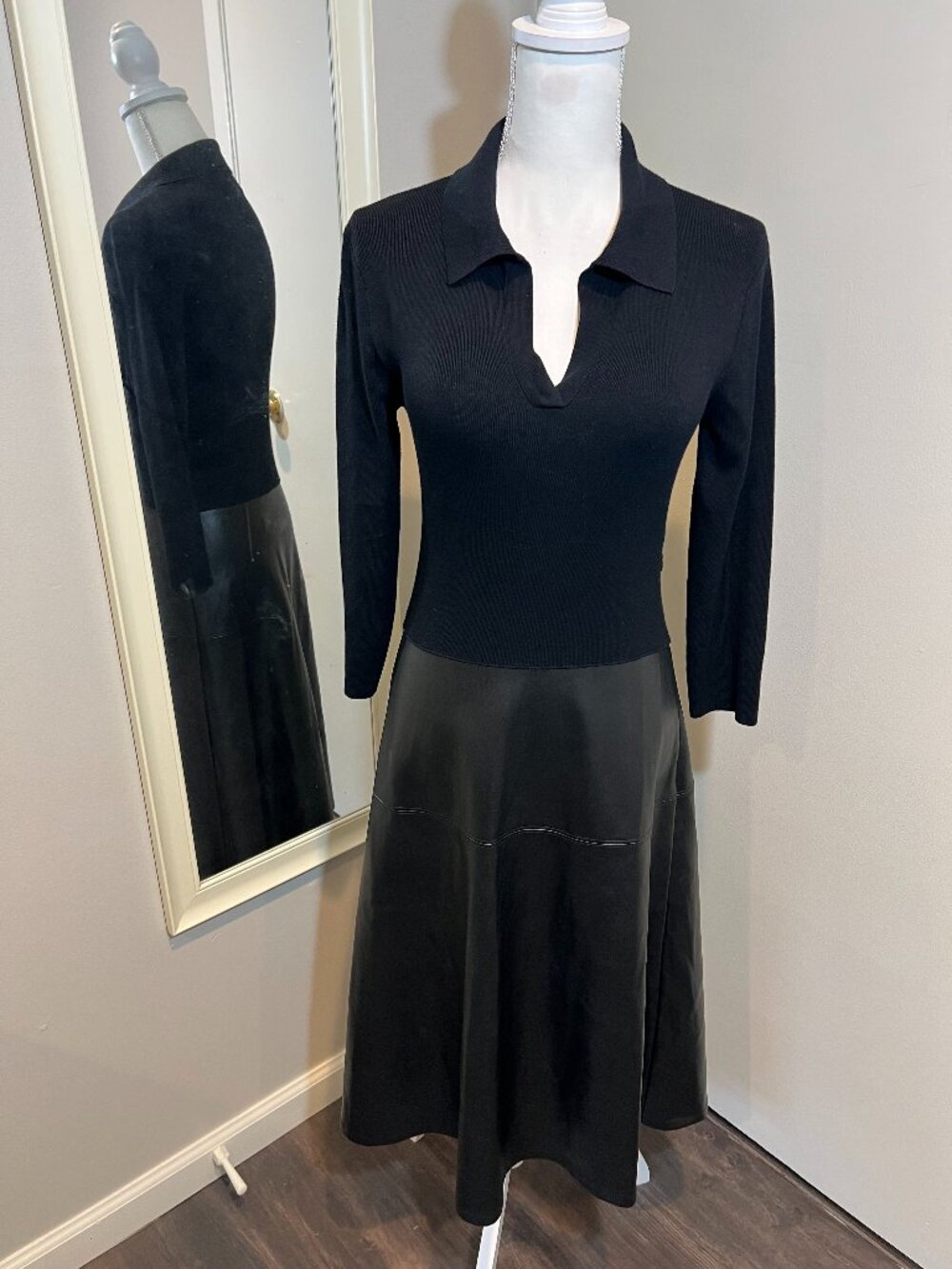 Magaschoni Black Mixed Media Knit with Faux Leather skirt dress, Size Medium